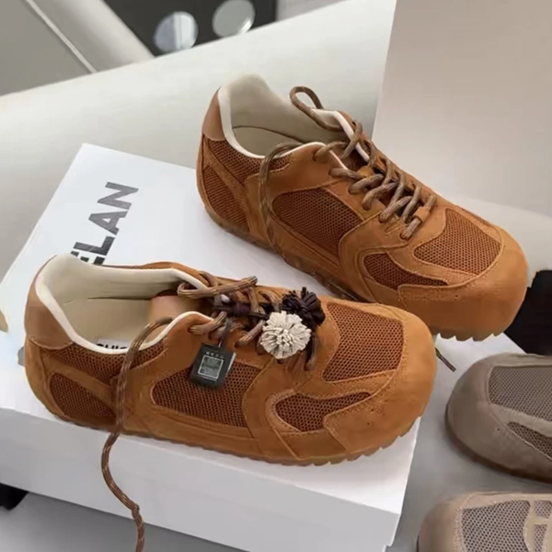 诗歌兰真皮德训鞋女2025年新款百搭厚底网面透气休闲运动鞋0113-6