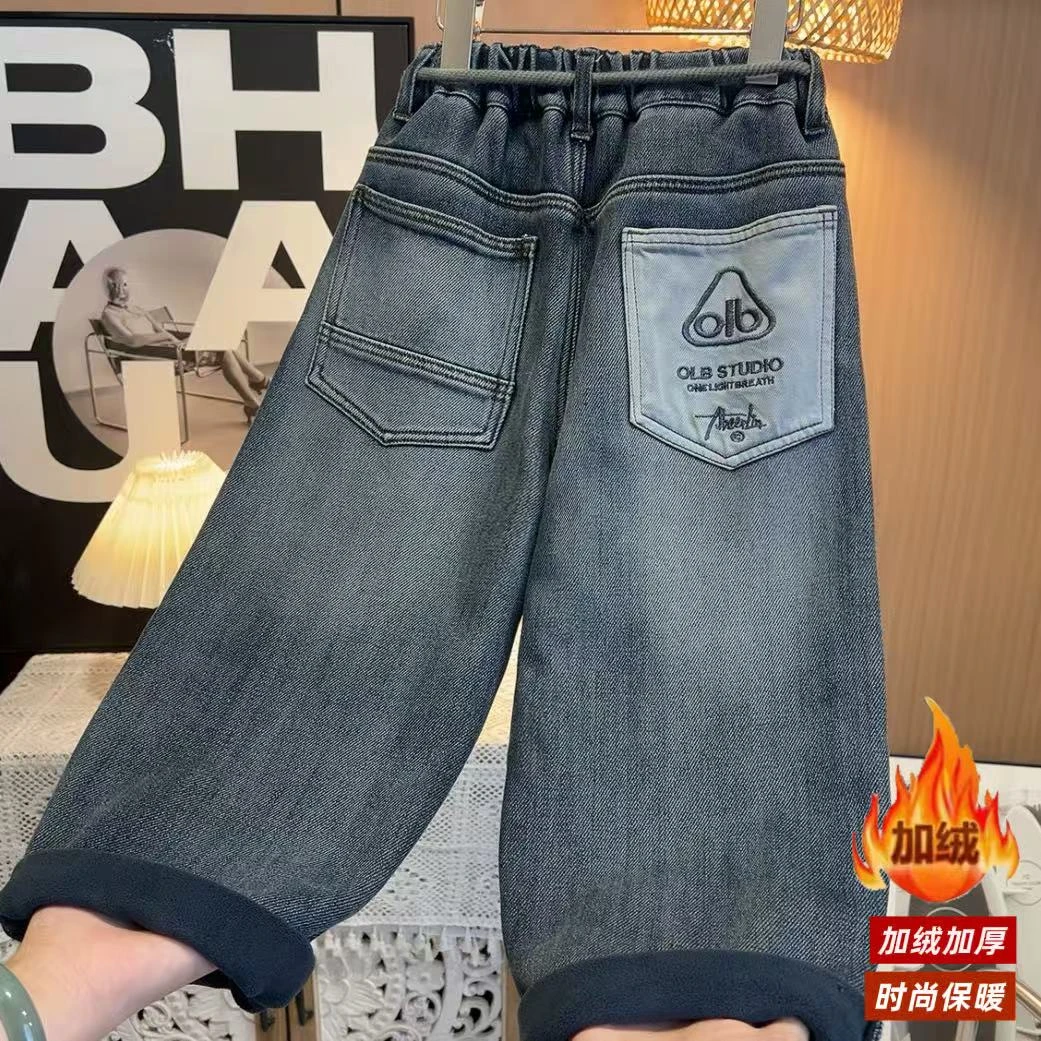 【加绒】~2025秋冬韩版时髦后兜字母男童水洗牛仔裤S11165