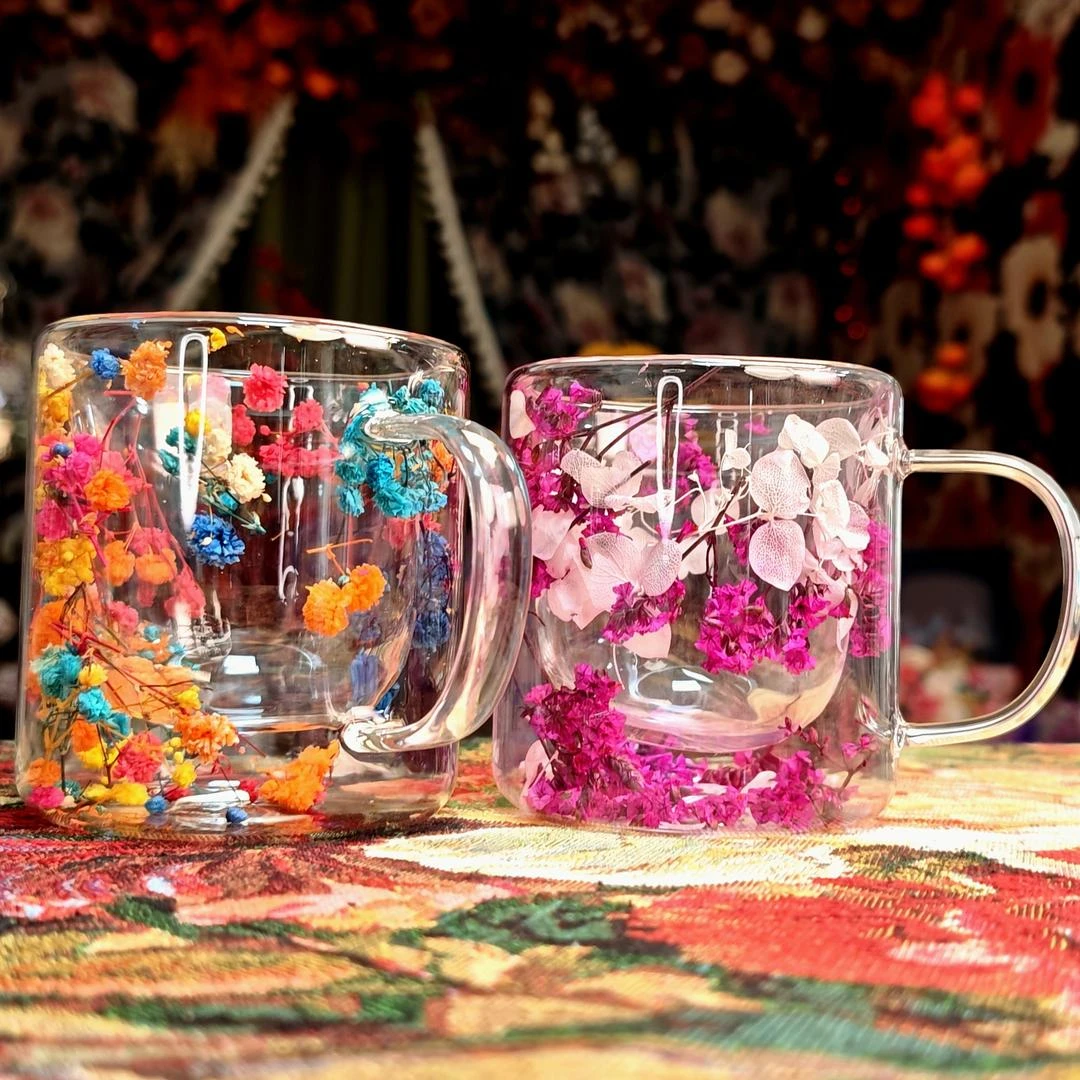 新款永生花系列双层防烫高硼硅玻璃咖啡杯（粉色系 混色两支装）