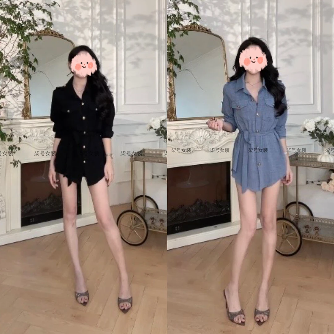 2025早秋新款时尚气质老钱风设计绑带收腰长袖衬衫显瘦短裤套装女