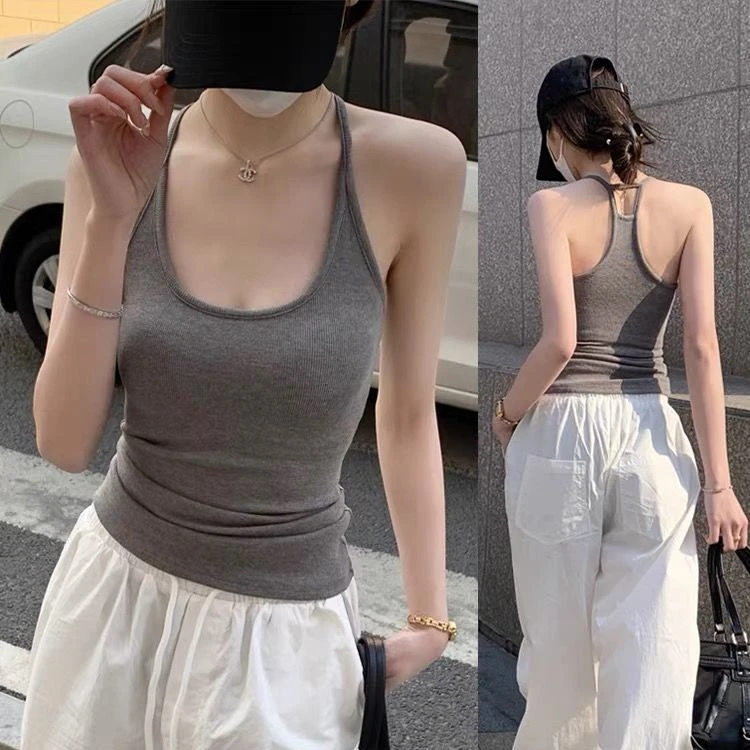 高级感U领挂脖吊带女夏季外穿带胸垫打底上衣辣妹风内搭工字背心