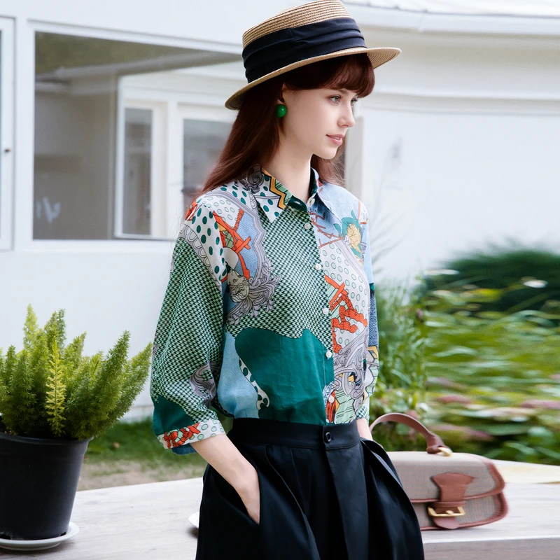 谜底花色衬衫七分袖女2025夏季新款复古风印花合体衬衣257MC7728