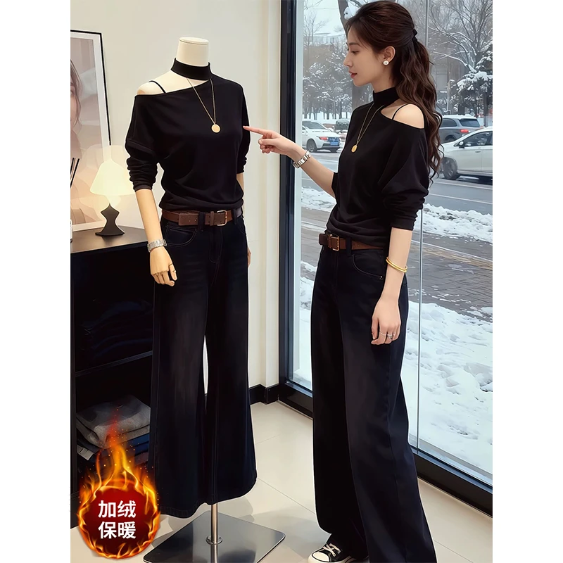 超火秋季穿搭套装女2025新款设计感显瘦长袖上衣百搭牛仔裤两件套