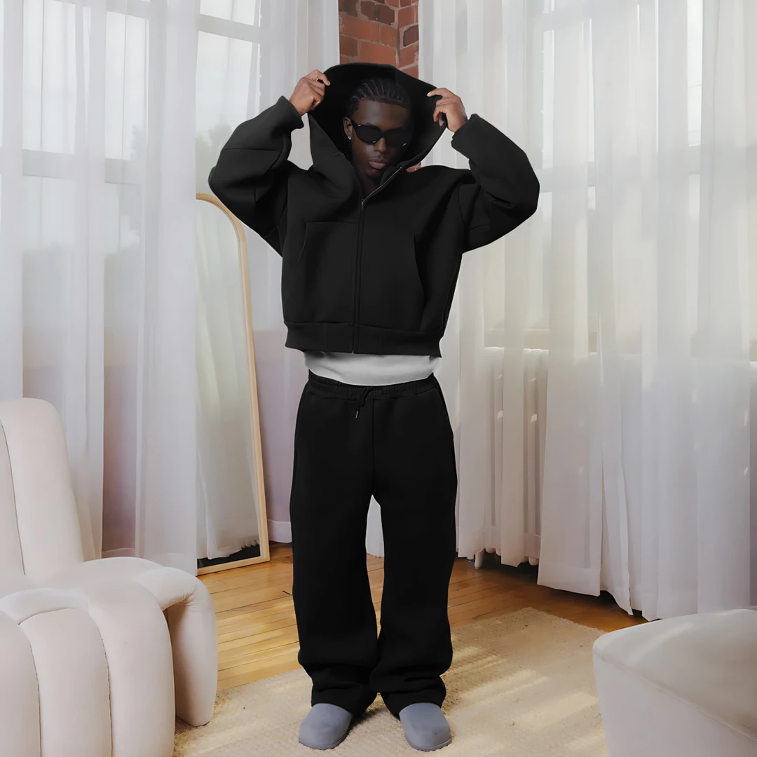 【拉链开衫机场套装】极简纯色短款Boxy帽衫套装男女同款秋冬加厚