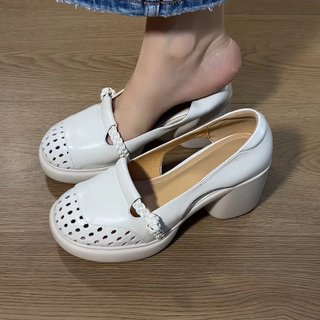 2025夏季新款头层羊皮厚底镂空粗跟单鞋百搭舒适通勤洞洞包头凉鞋