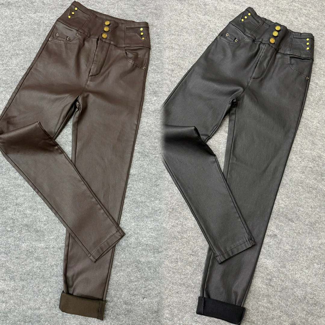 欧货秋季新款高腰涂层皮加绒皮裤女百搭显瘦小脚直筒裤修身仿皮裤