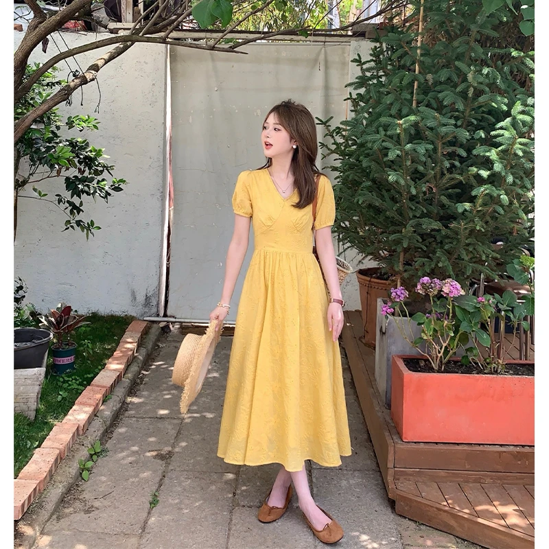 FUGUI RICH小个子刺绣连衣裙设计感拼接镂空法式新款洋气中长裙