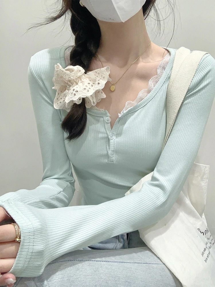蕾丝半开领设计感甜辣妹纯欲修身打底女2025春季长袖上衣内搭t恤