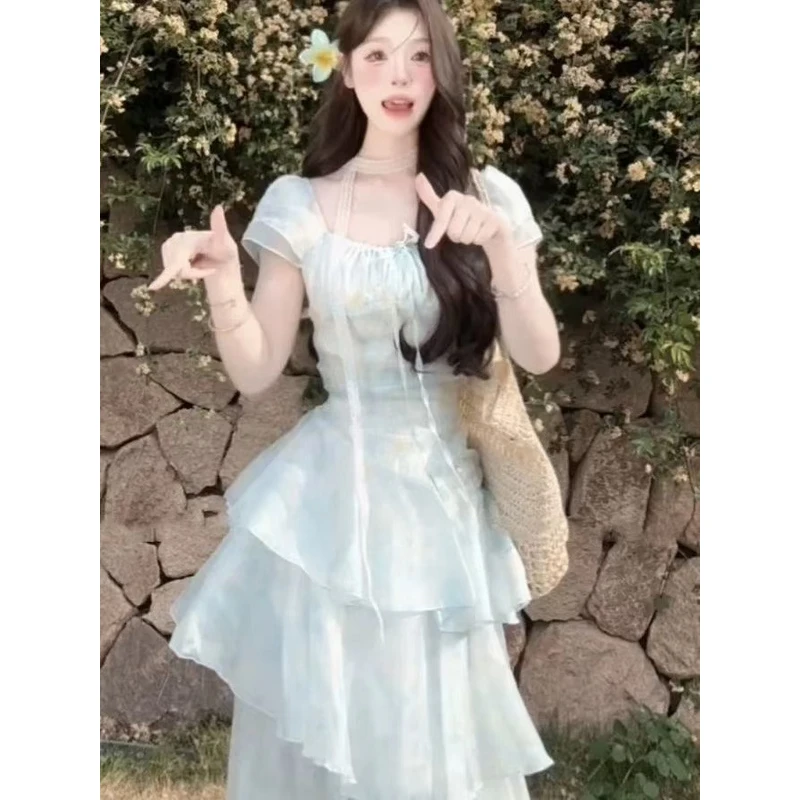 现货秒发 夏季甜美风浅色碎花连衣裙收腰显瘦连衣裙