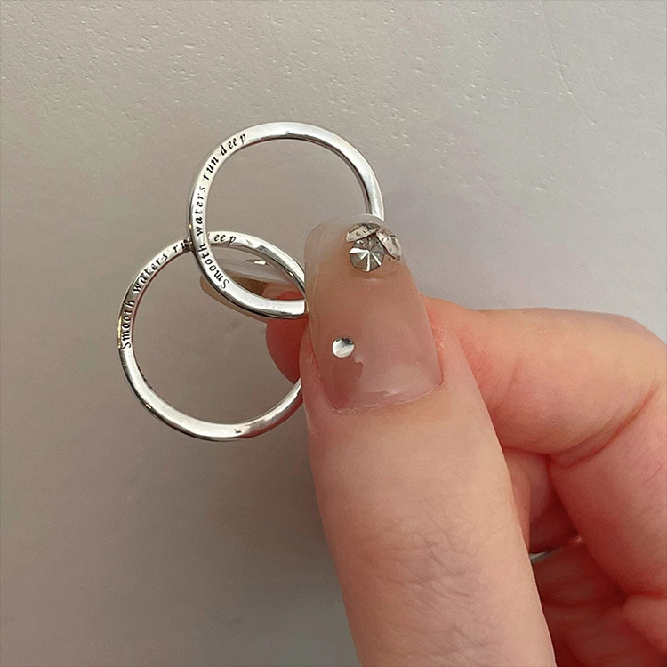 925银戒指 J8025 通体银极简个性小众冷淡风字母波浪素圈开口戒指
