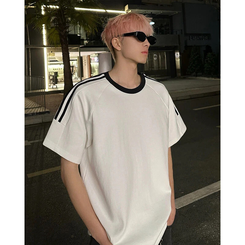 PLQV夏季2025美式重磅撞色三条杠纯棉短袖T恤百搭情侣简约休闲潮