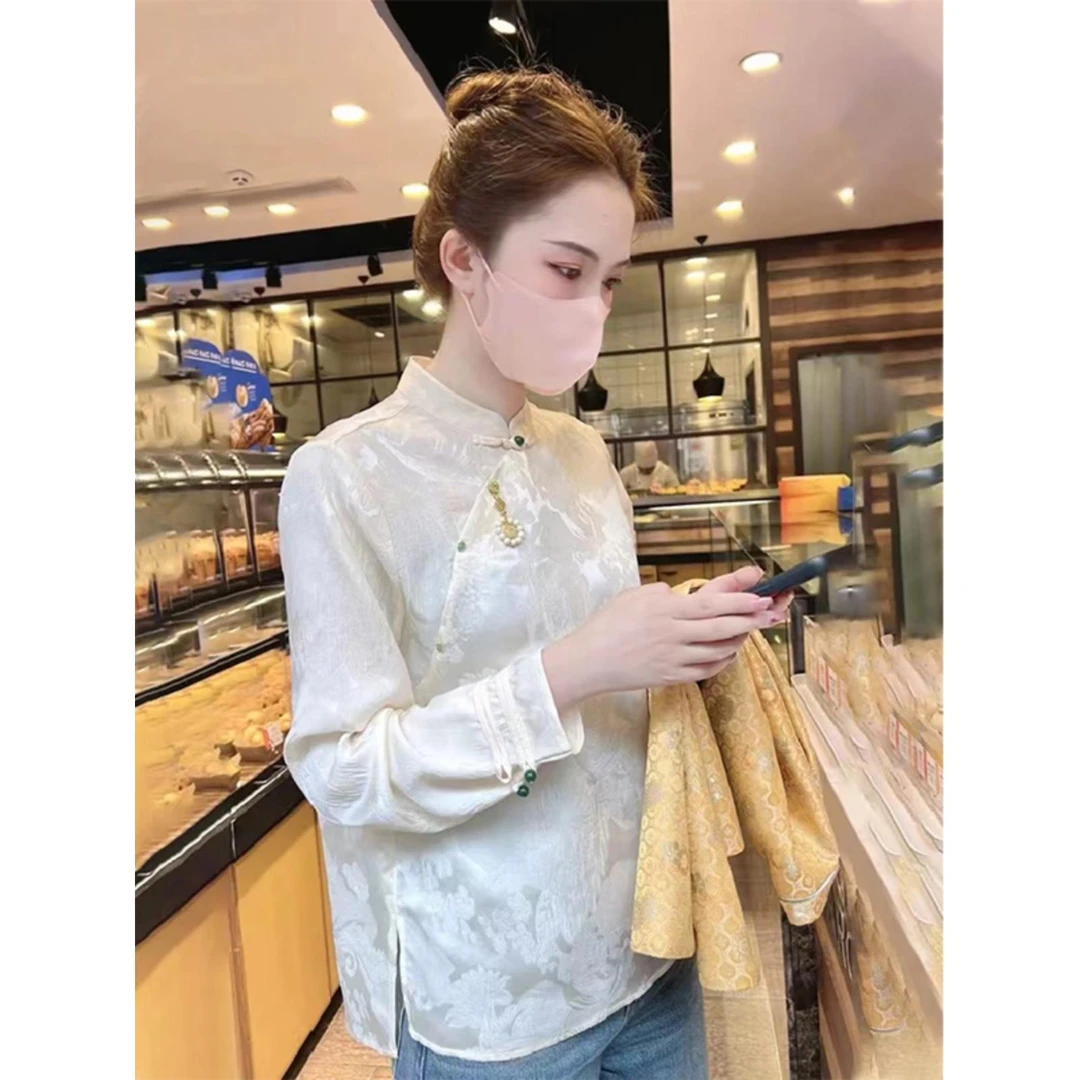 新中式复古盘扣白色提花衬衫女春秋装欧货高级感国风禅意唐装上衣