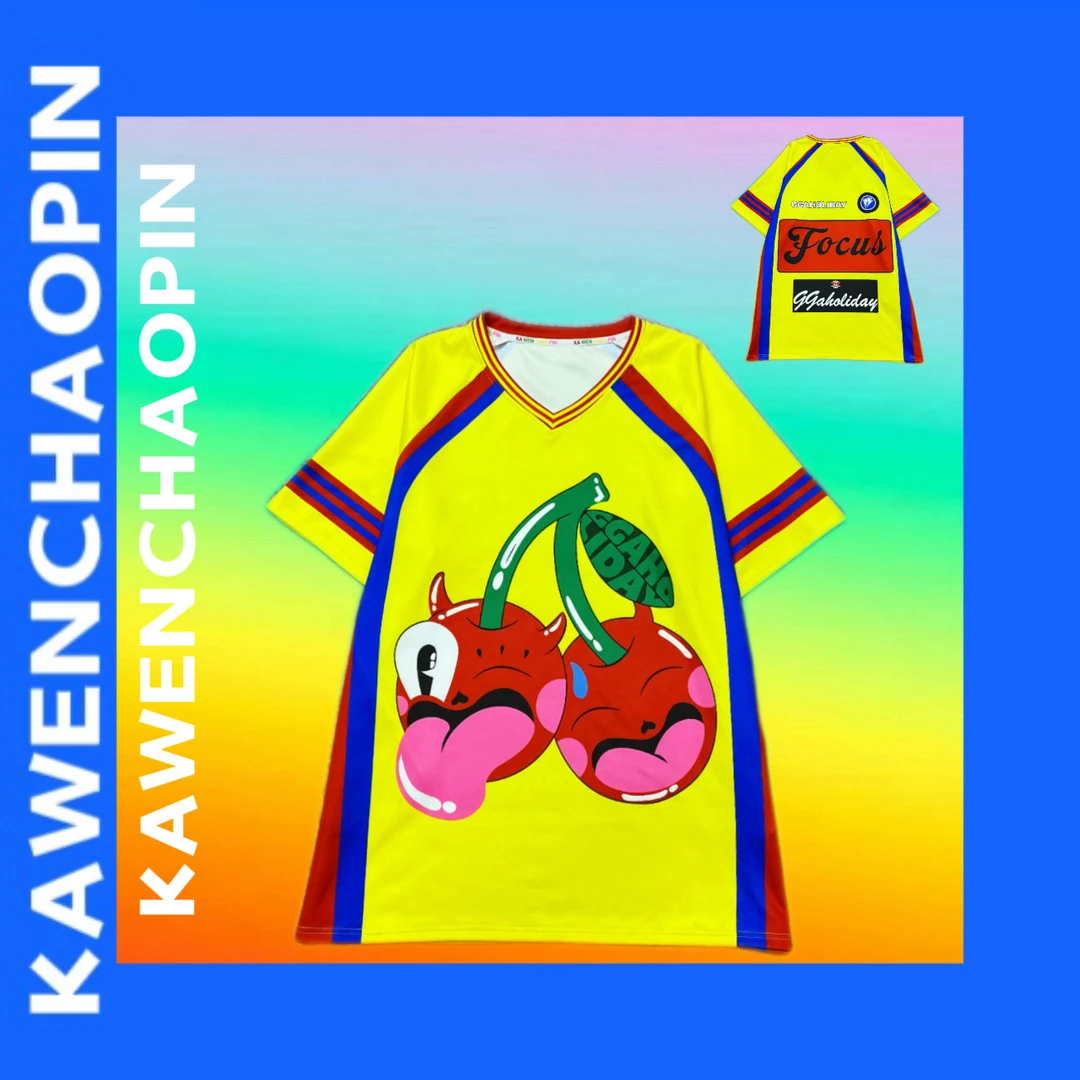 欧货潮牌定制款云朵空气层多巴胺拼色樱桃V领口袋连衣裙