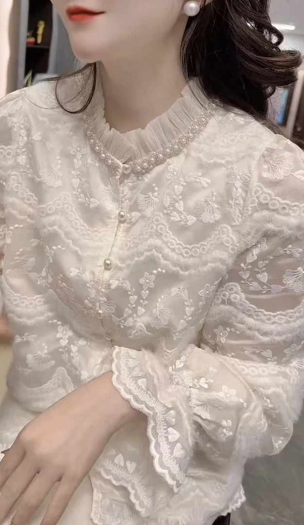 【钉珠开衫】早春新款刺绣蕾丝钉珠小立领单排扣开衫