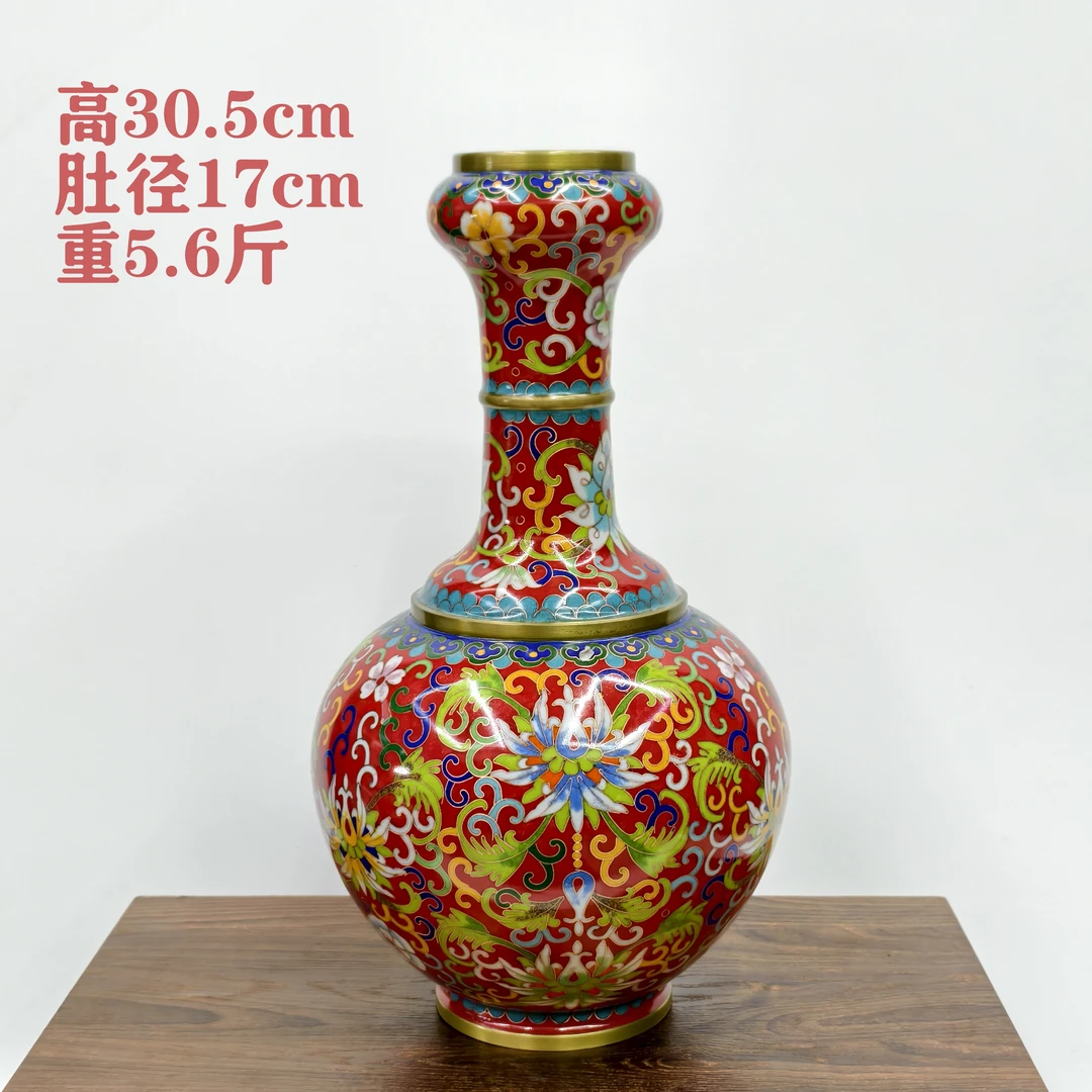 细工重胎景泰蓝花瓶铜胎掐丝珐琅12英寸红色缠莲纹赏瓶家居摆件