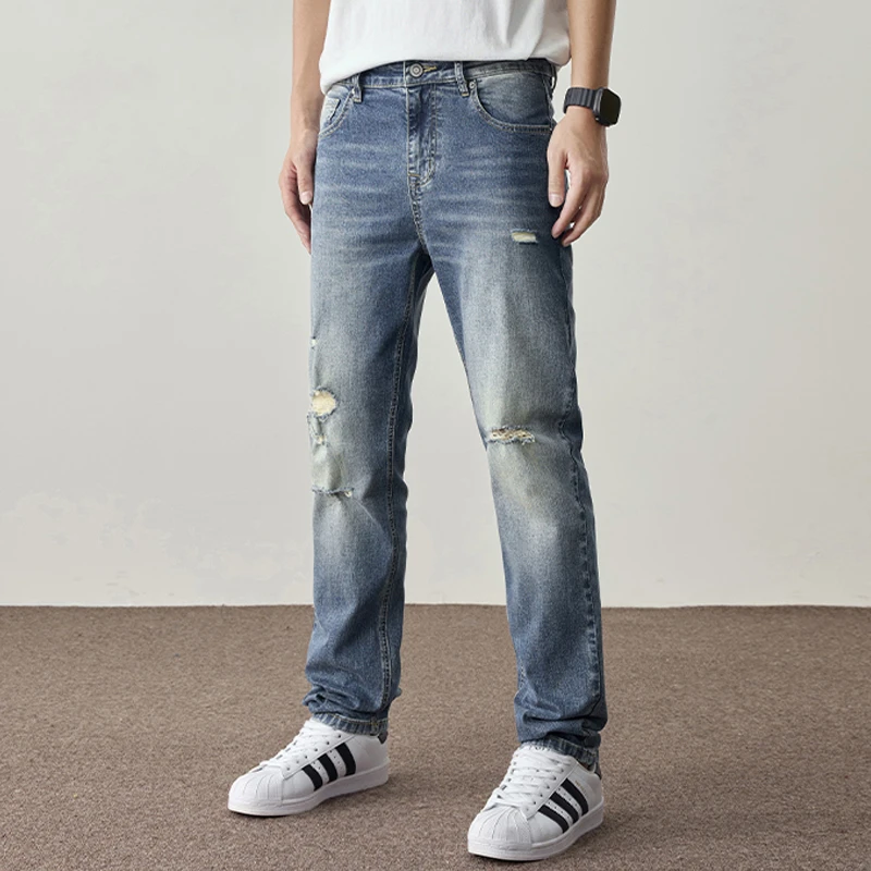 秋季新款修身直筒弹力破洞牛仔裤男潮流牛仔裤男士百搭休闲裤子
