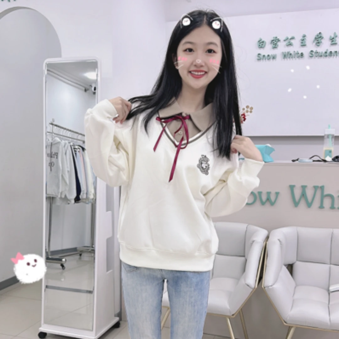 学院风公主连帽针织日系长款白色卫衣公主洗套头