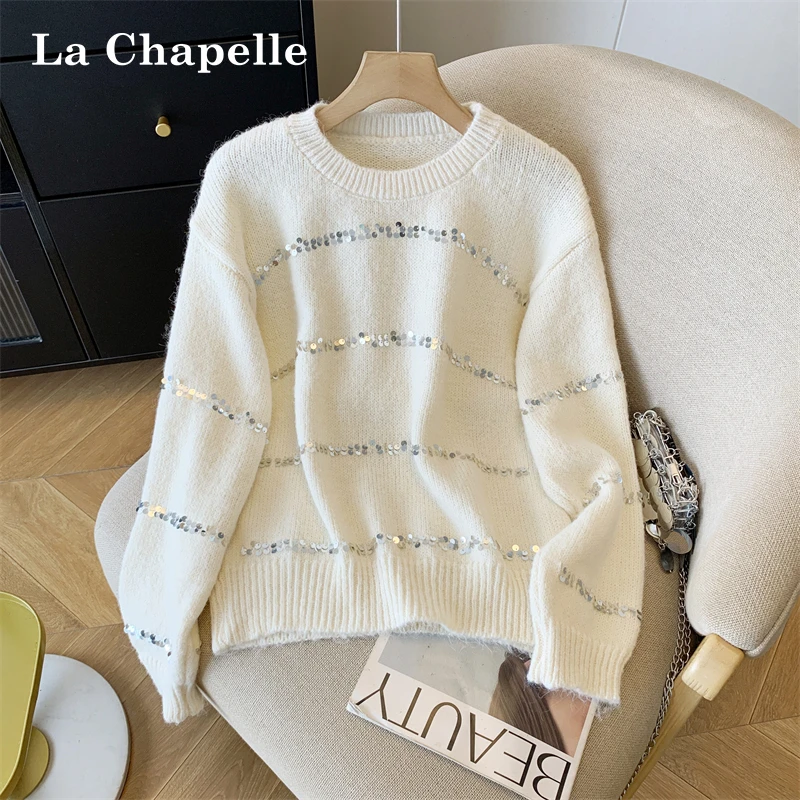 拉夏贝尔韩系亮片针织衫女2025初秋爆款甜美减龄时尚百搭宽松毛衣