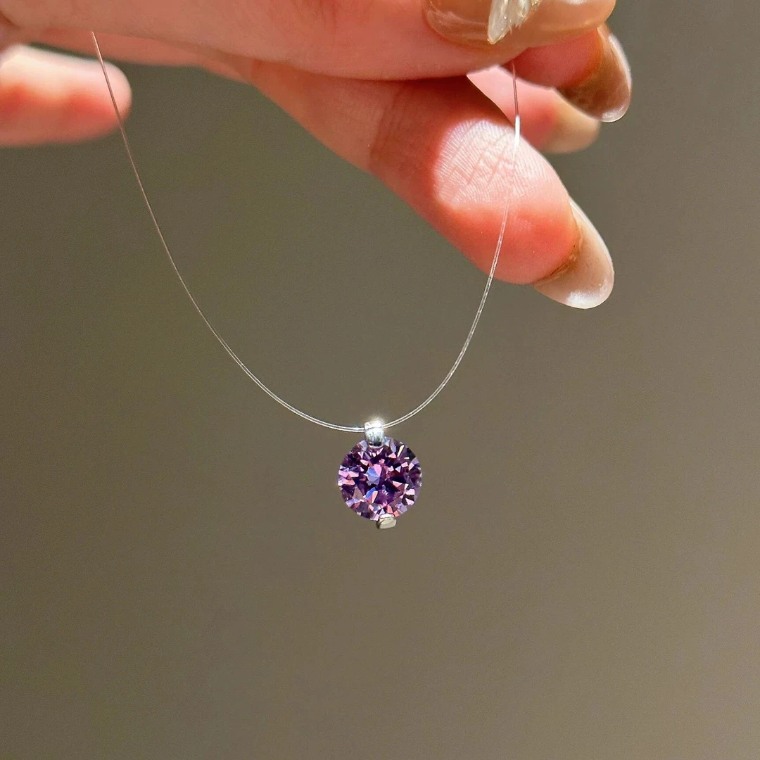 坠链均925银锆石 XL-559爆闪紫色人鱼之泪透明鱼线锁骨链