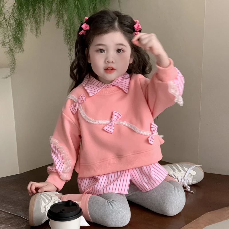 女孩长袖假两件衬衫新款女宝宝打底裤休闲两件套9岁女童春秋套装