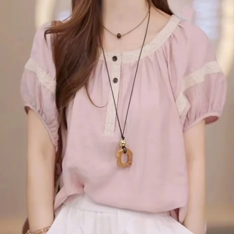 法式蕾丝拼接洋气减龄短袖衬衫女士2025夏季新款宽松显瘦衬衣衣服