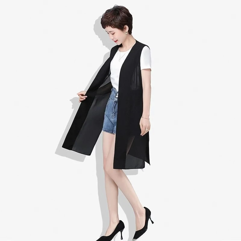2025夏季新款中长款雪纺西装马甲女大码无袖开衫外搭披肩薄外套潮