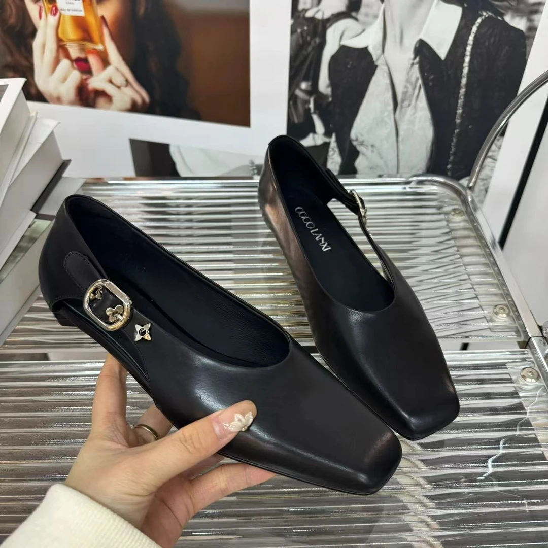 【COCO LANXI】休闲真皮复古粗跟英伦风方头小单鞋25DX241LX