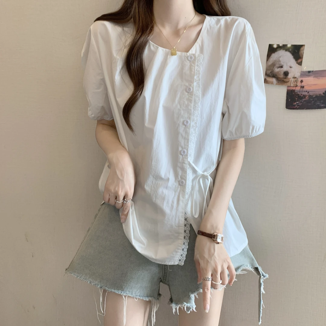 设计感白色短袖衬衫女2025夏季大码胖mm宽松遮肚系带正肩上衣爆款