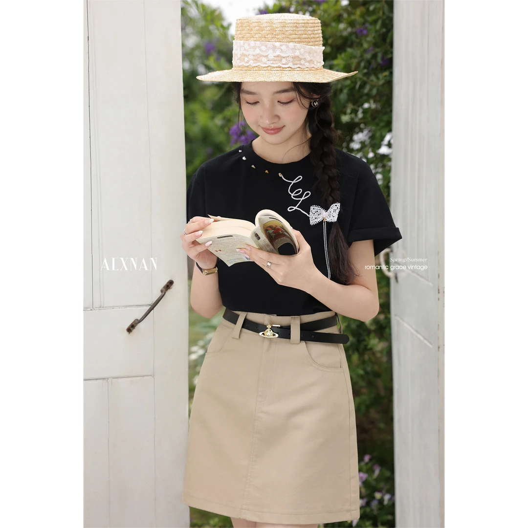 鹿向南「粉丝福利」黑色蝴蝶结别致短袖t恤女夏慵懒宽松上衣