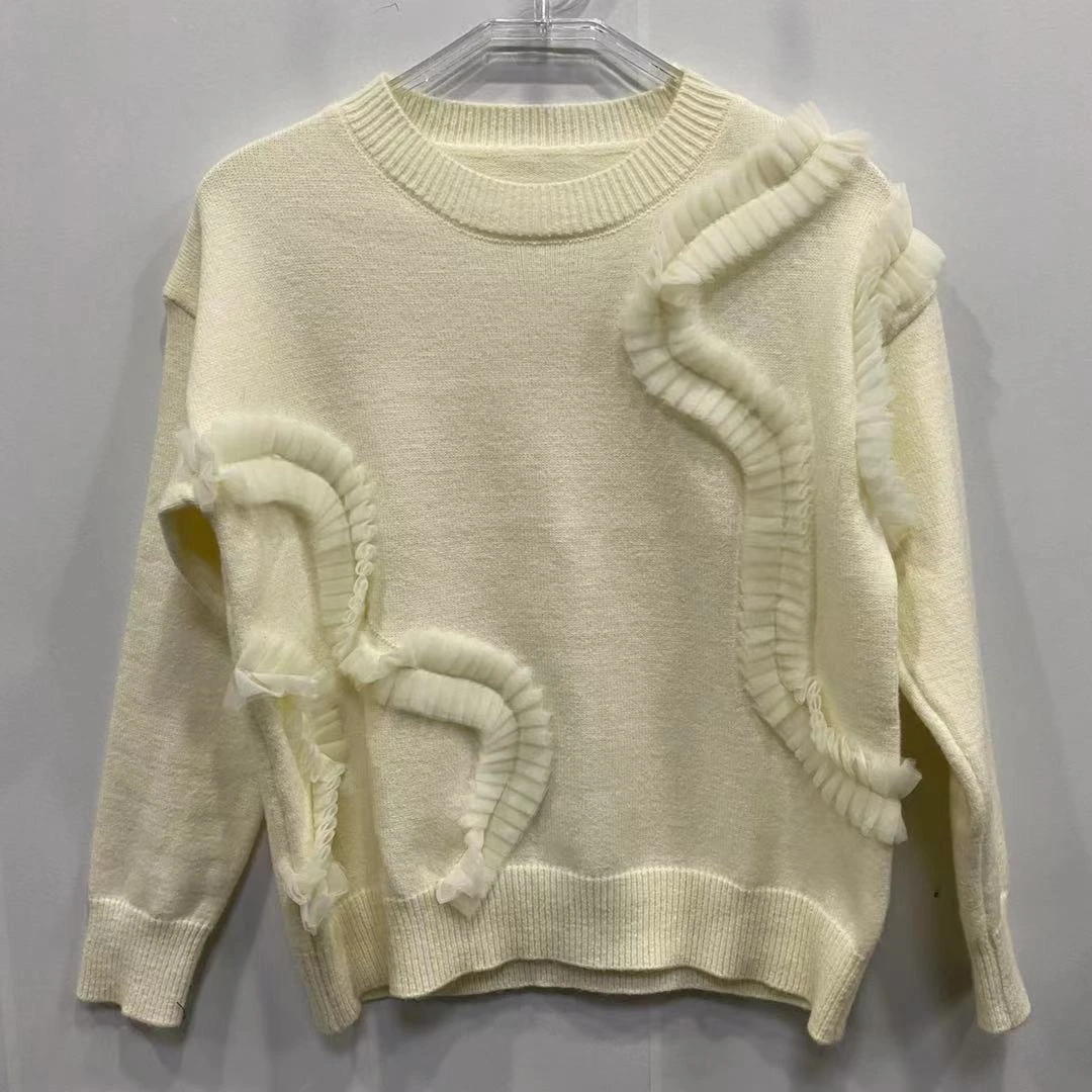 HY0341【品牌撤柜轻奢定制】时尚圆领白色网纱造型设计款毛衣