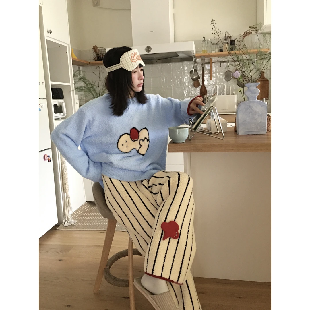 甜美毛衣可爱卡通半边绒长袖睡衣女款秋冬加厚保暖针织外套家居服