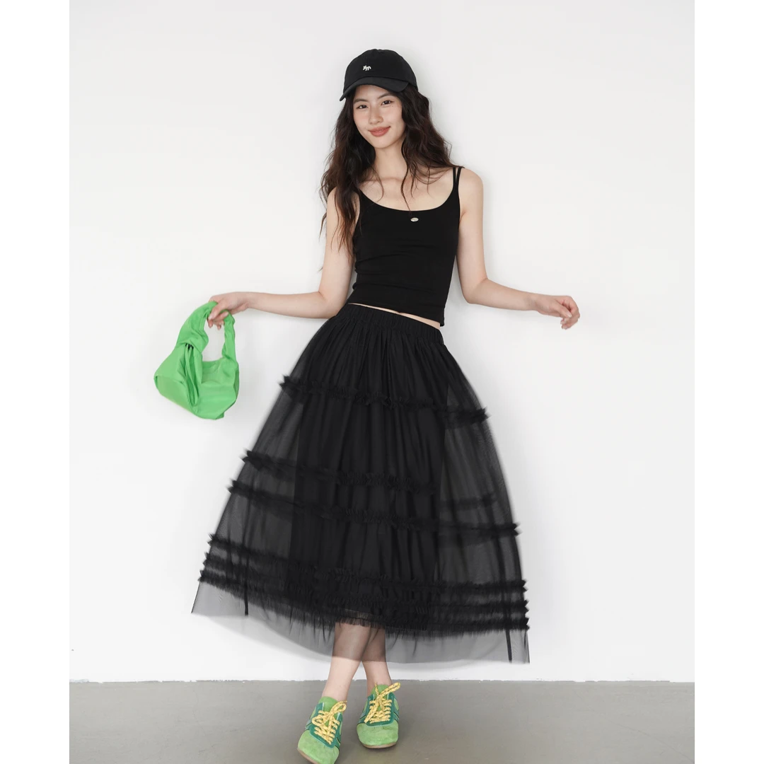 【清清】EIGHTHMONTH黑色法式花边网纱半身裙女夏BS91709
