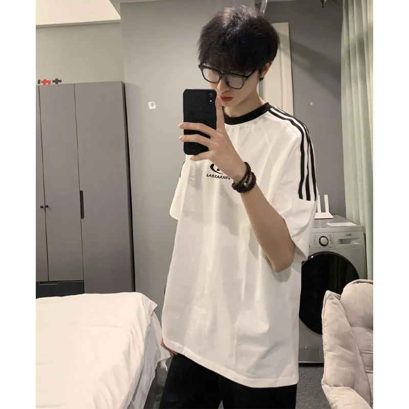 100%纯棉美式个性ins风字母印花短袖T恤男女夏季潮牌三条杠上衣