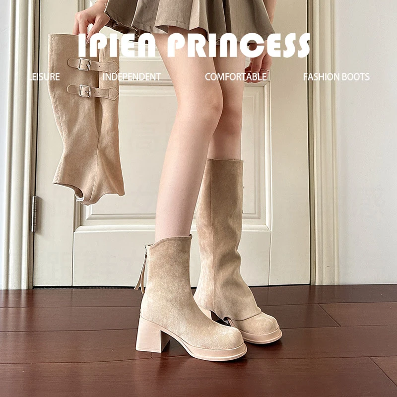 美式可拆卸靴筒两穿靴子秋冬厚底防水台高跟增高小个子女款女靴