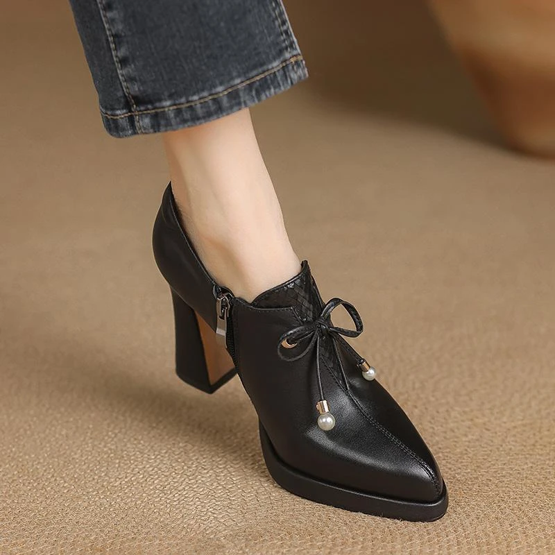 修悦女鞋尖头小个子防水台高跟鞋不累脚粗跟单鞋通勤法式小皮鞋女