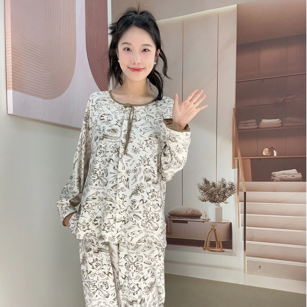 时尚女家居服春夏常规款家居服套装碎花植物花卉大码套装睡衣