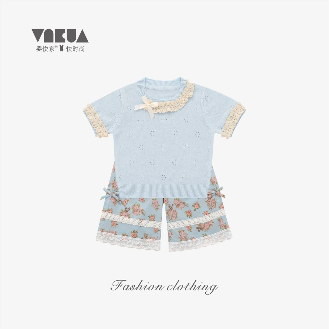 婴悦家夏季女宝花边针织镂空蝴蝶结上衣+九分裤 88707+88692