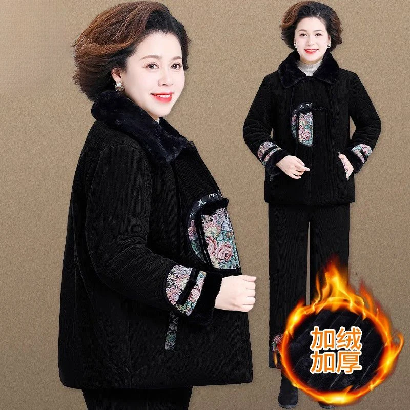 厚款百搭新款秋冬民族套装中老年两件套加绒加厚冬装外套衣妈时尚