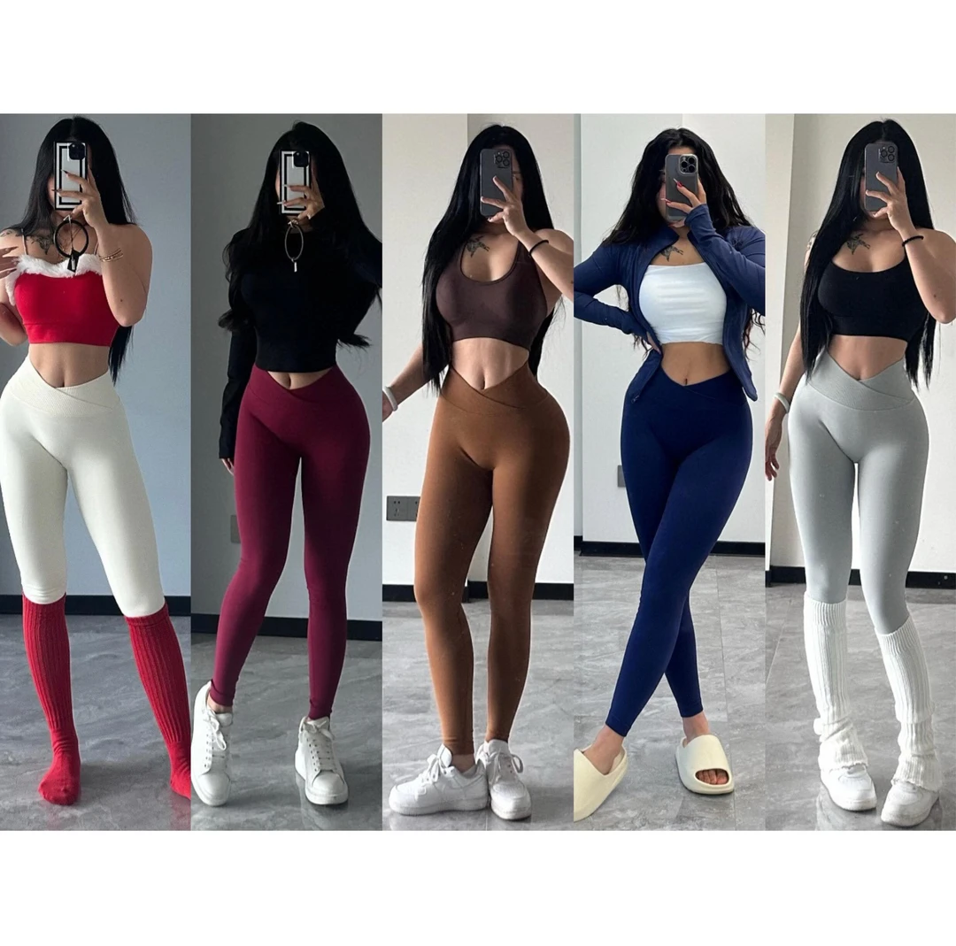 无缝针织透气纯色交叉腰蜜桃臀瑜伽长裤跑步健身九分裤女