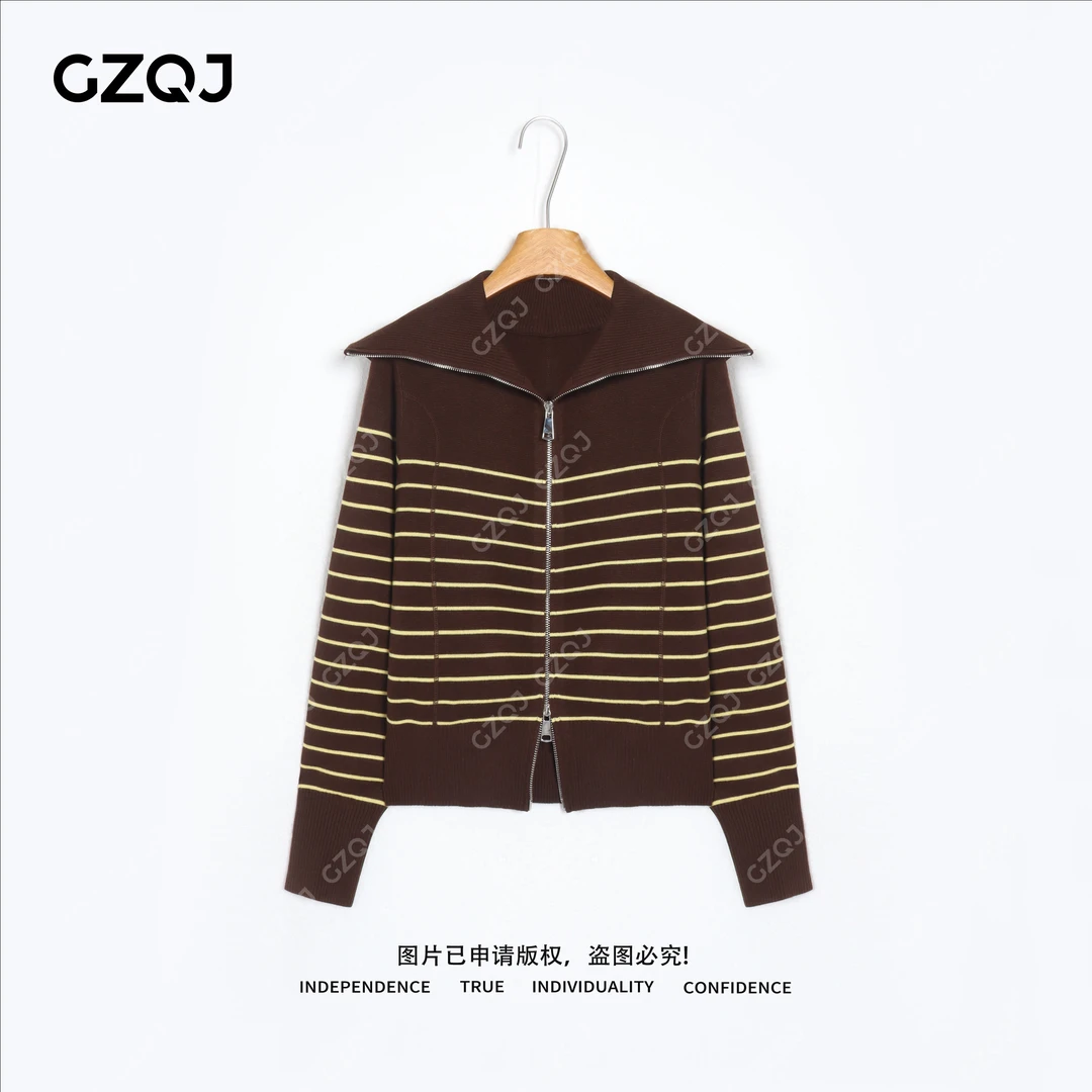 老琴私服【暖秋榛果】琥珀流光风绵羊毛翻领针织外套女秋冬 22107