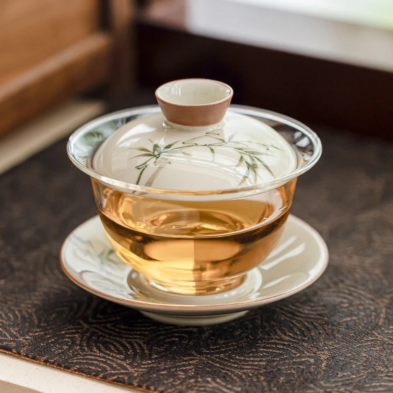 手绘翠绿文竹茶碗带盖功夫泡茶碗不烫手玻璃茶具陶瓷三才盖碗