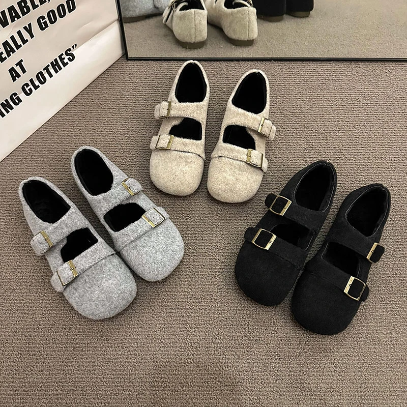 森系复古加绒厚底保暖毛毛鞋女2024秋冬季新款一字带棉鞋玛丽珍鞋