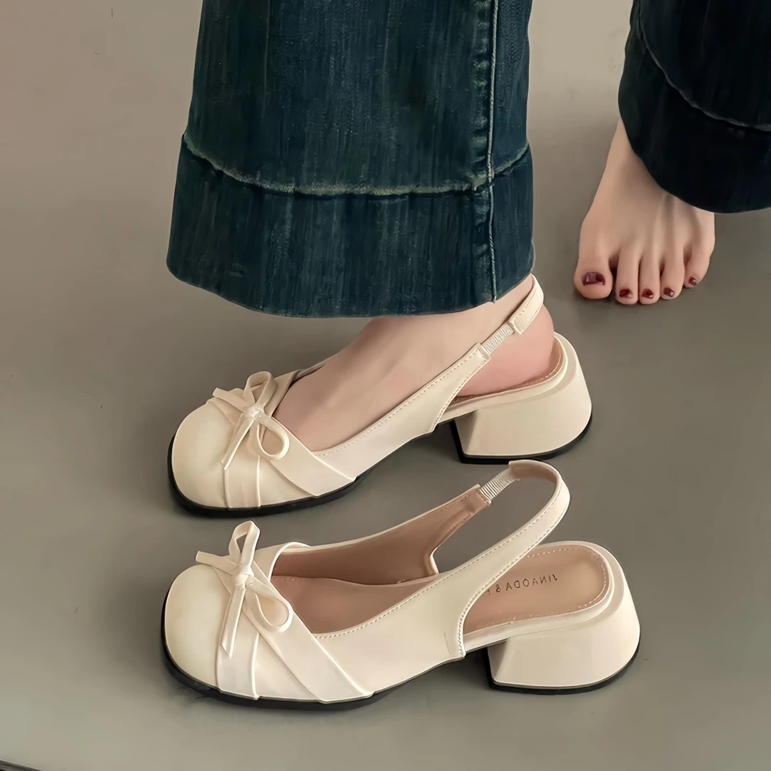 顺丰包邮粉色玛丽珍女粗跟2025年夏季新款蝴蝶结绸缎包头后空凉鞋
