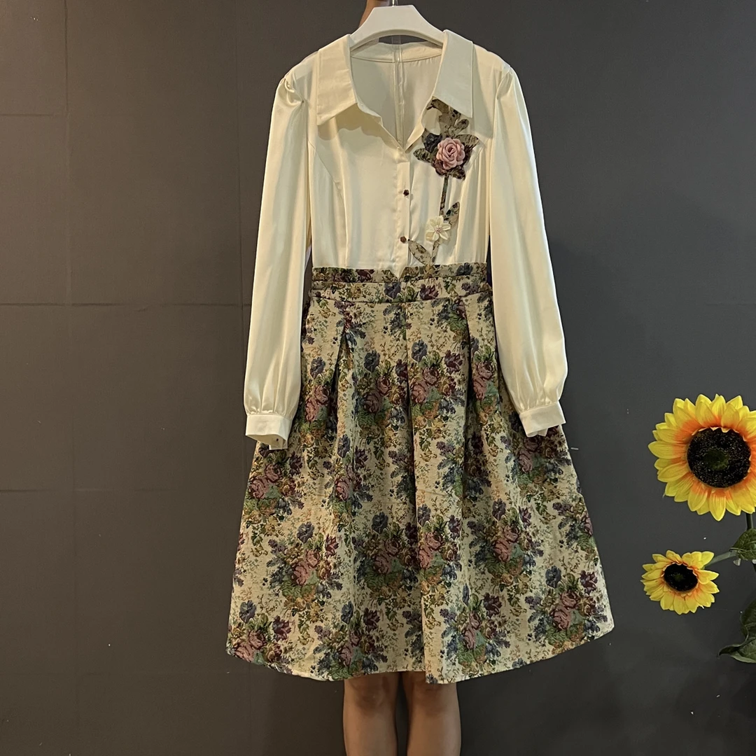 新款田园风立体花朵衬衫领拼色时尚遮肉显瘦碎花连衣裙
