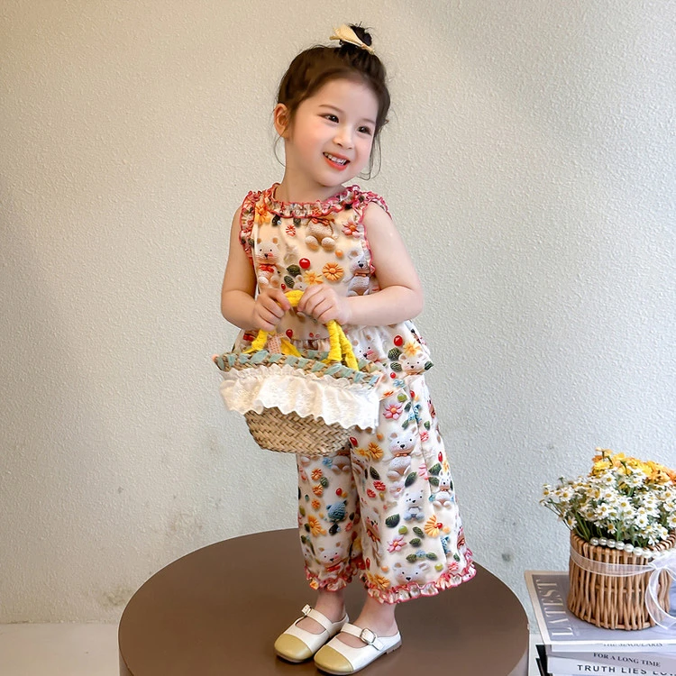 套装女童中小童潮流夏季无袖韩版洋气复古碎花凉快