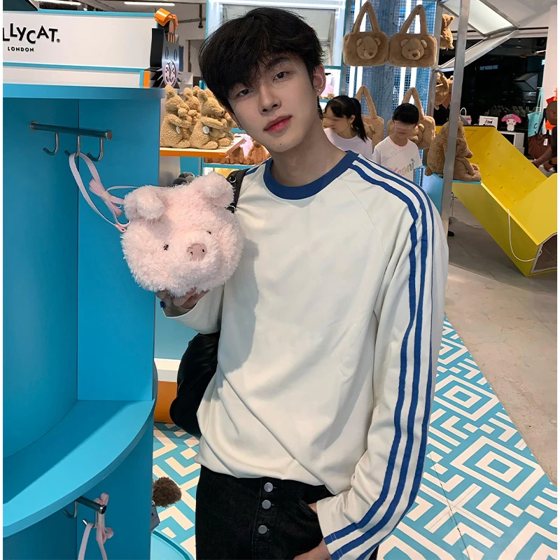 美式ins撞色条纹三条杠长袖T恤男女秋季潮牌百搭宽松纯棉打底上衣