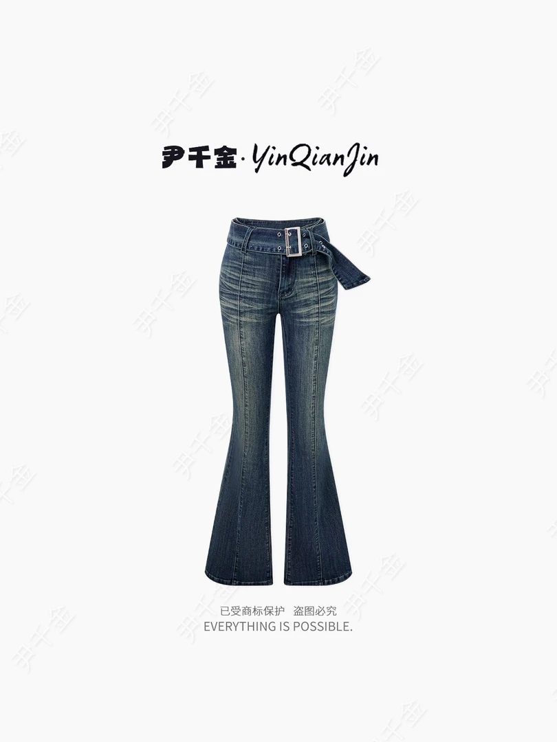 尹千金J【漫画曲线感】做旧质感自带丰胯垫高腰显瘦微喇裤K257214