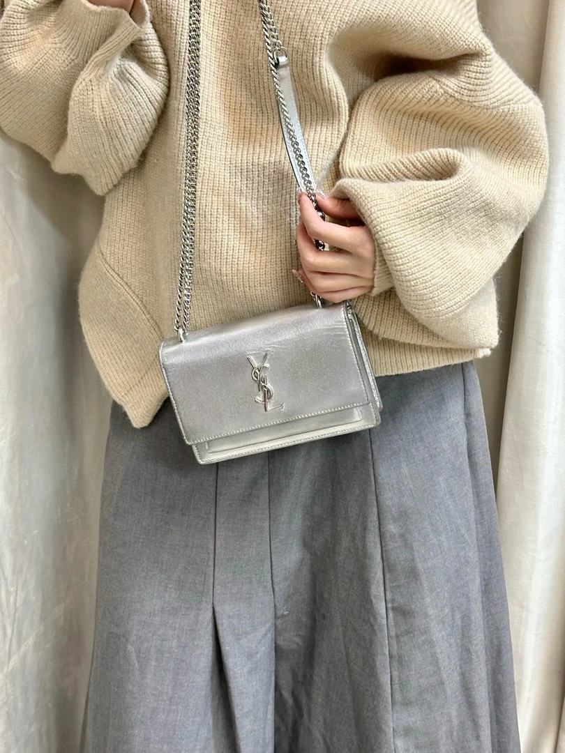 95新 YSL/圣罗兰 ysl小号银色日落斜挎包