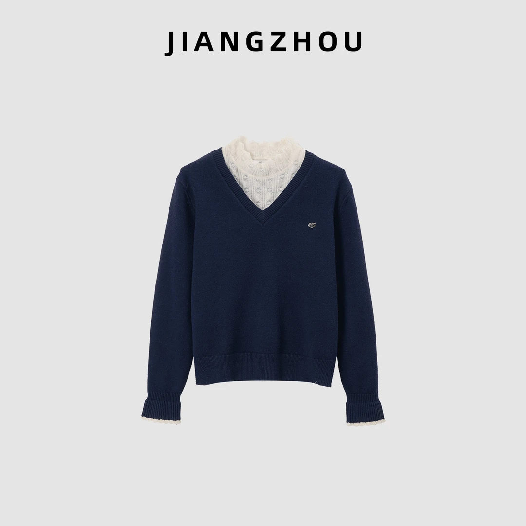 江洲【藏白】加厚保暖秋冬新款羊毛拼接袖口假两件针织衫百搭上衣