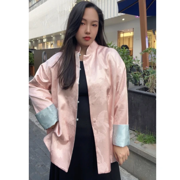 设计师双面提花粉蓝两面穿新中式国风春外套女唐装盘扣上衣春秋
